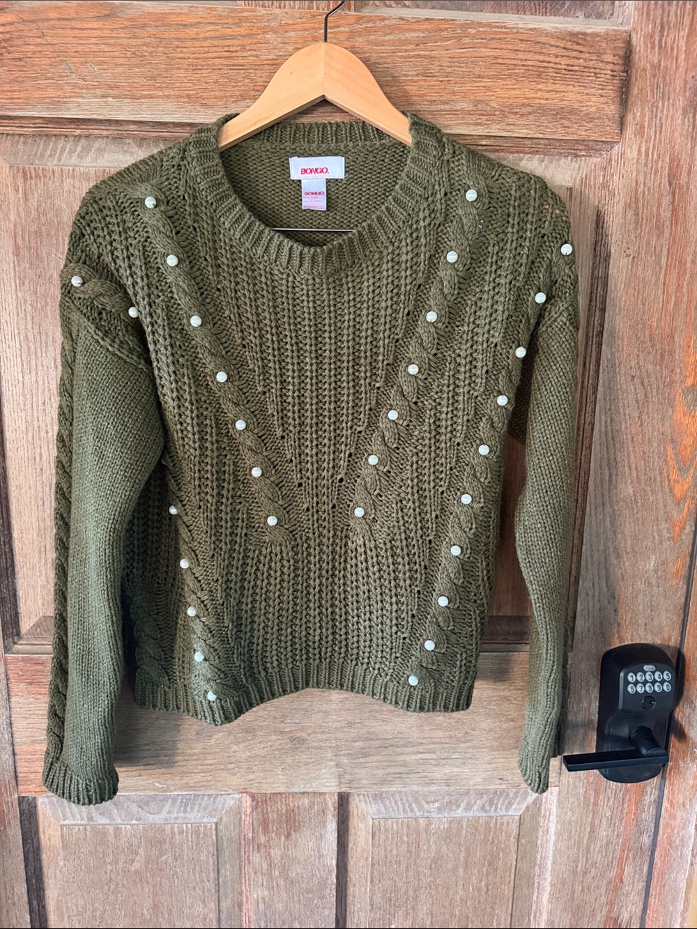 Vintage BONGO Olive Cable-Knit Crew Sweater with Pearl Accents